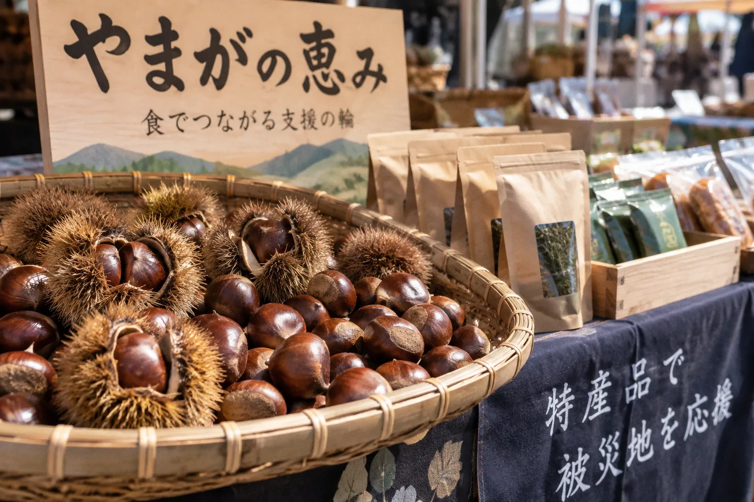 和栗やお茶 特産品を使って被災地支援 山鹿市で「夜市」 熊本